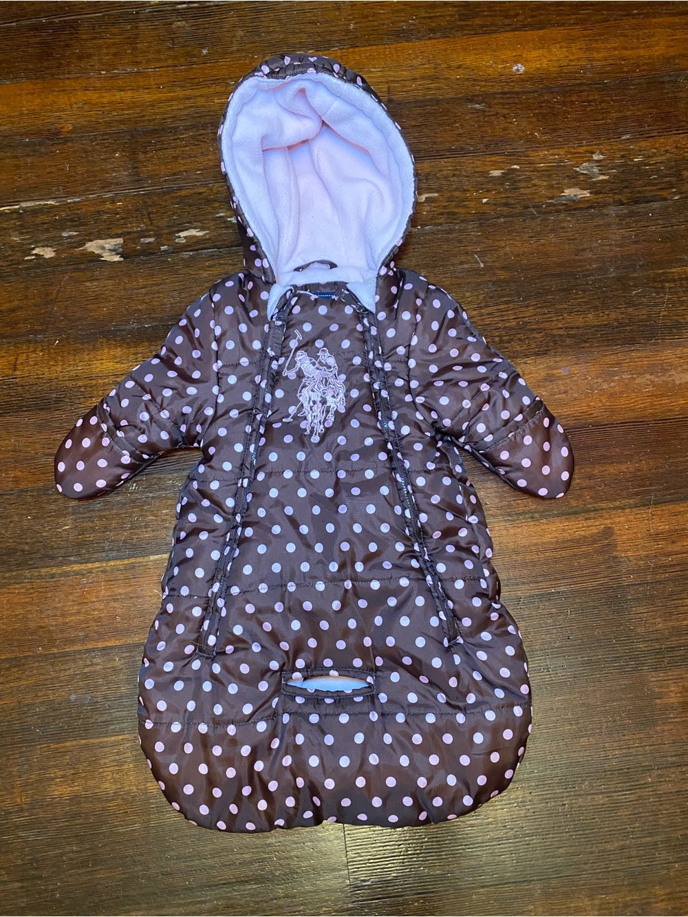 EUC US Polo Assn. Polka Dot Cozy Hooded Baby Puffy Winter Snow Sack Bunting